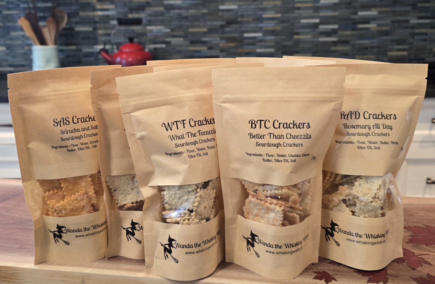 A lineup of Wanda's handcrafted sourdough cracker bags