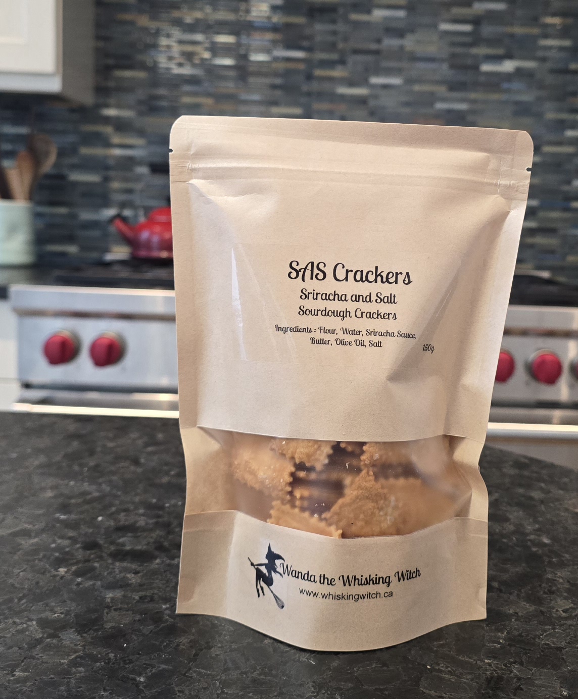 A bag of SAS Sriracha sourdough crackers